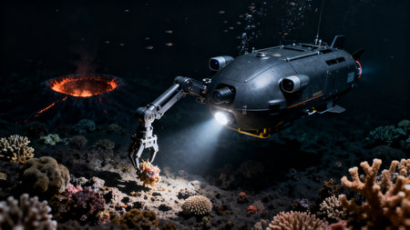 Underwater world. Robot exploring the underwater world. 3d renderingの素材