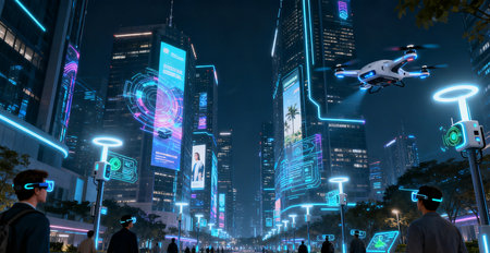 High angle view of business people walking on the street and flying drone with digital hologram in the cityの素材