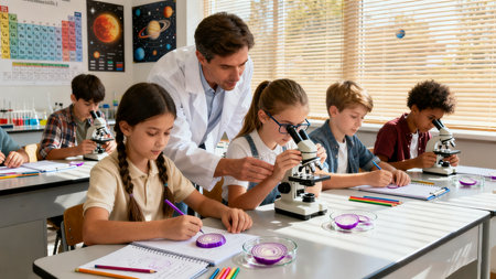 Teacher and pupils working with microscope in classroom at elementary school.の素材
