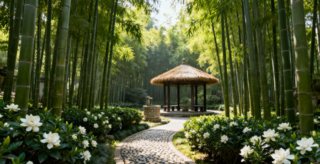 Bamboo garden with gazebo and flower in the parkの素材