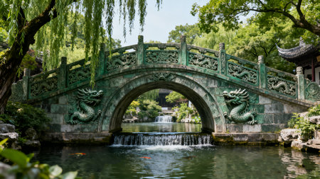 Stone bridge over the pond in a park in Beijing, China.の素材