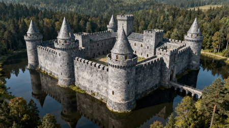 Aerial view of medieval castle in the mountains. Carpathians, Ukraineの素材