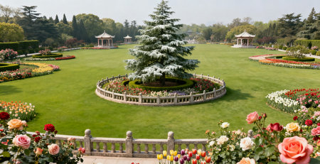 Gardens in the park with flowers and trees in the backgroundの素材