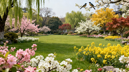 Beautiful spring garden with blooming flowers and trees in sunny dayの素材