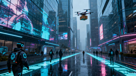 Silhouette of a group of people walking and flying a drone in the city.の素材
