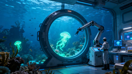 3d rendering of robot working in the underwater laboratory. Future technology concept.の素材