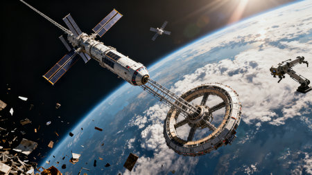 International Space Station orbiting the planet Earth. This is a 3d render illustrationの素材
