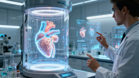 Scientist working with hologram of human heart in laboratory 3D renderingの素材