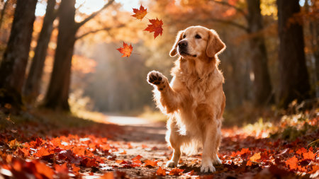 Golden Retriever in the autumn park. Golden Retriever in the autumn forest.の素材
