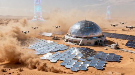 3D rendering of a space station in the desert with blue solar panelsの素材