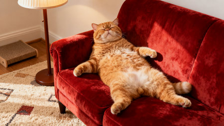 Cute ginger cat lying on red sofa in living room at homeの素材