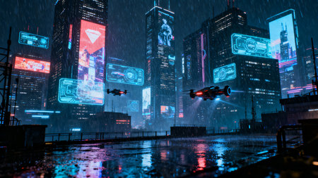 Digital composite of Night city with neon lights and cars. 3d renderingの素材