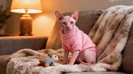 Cat breed Sphynx in a pink knitted sweater sits on a sofa at homeの素材