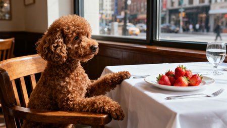 Cute poodle sitting in a restaurant with strawberries on the tableの素材