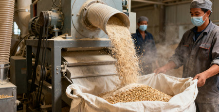Coffee beans being poured into a bag in the factory.の素材