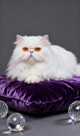 Persian cat with orange eyes on a purple pillow, gray backgroundの素材