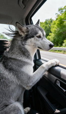 Siberian Husky dog sitting in the back seat of a carの素材