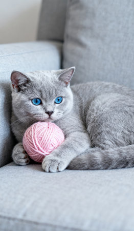 blue british shorthair cat with ball of yarn on sofaの素材