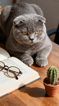 Cute scottish fold cat with glasses, book and cactusの素材