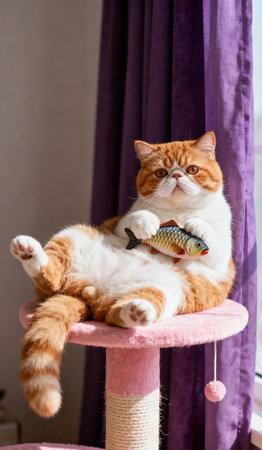 Cute cat with fish sitting on the table in the room.の素材