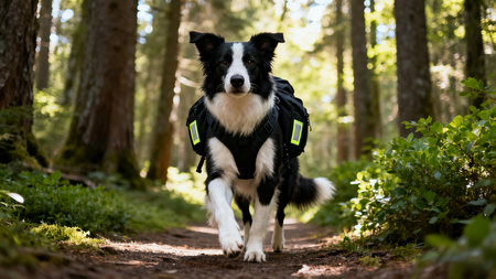 Border Collie dog walking in a forest. Border Collie is a member of the genus Border Collie.の素材