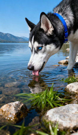 Siberian Husky dog standing in the water and drinking waterの素材
