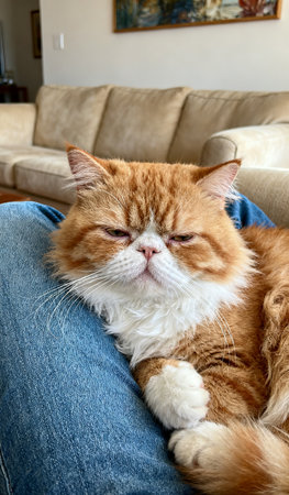 Cute ginger cat resting on a sofa in the living room.の素材