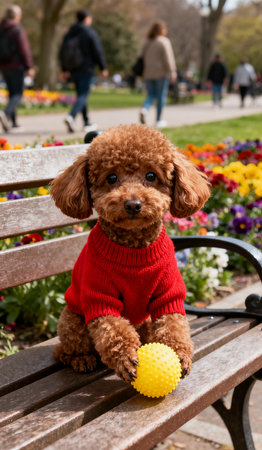 Miniature poodle sitting on a bench in a park with a ballの素材
