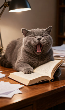 Cute cat yawning while reading a book on the table.の素材