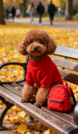 Dog sitting on a bench in the autumn park with a red backpackの素材