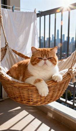Ginger cat lying in a hammock on a balcony with a view of the cityの素材