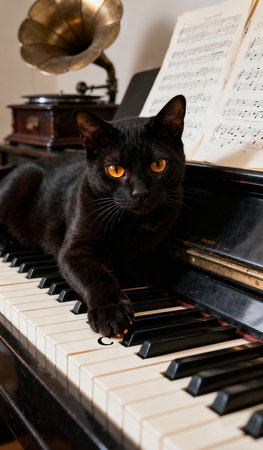 Black cat lying on the piano keys and listening to music, selective focusの素材