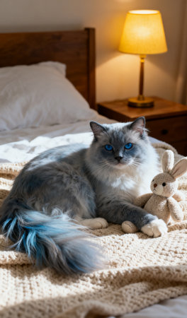 Siberian cat with blue eyes and bunny toy on the bedの素材