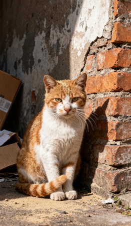 Portrait of a red cat in front of a brick wall.の素材