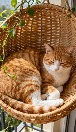 Cute ginger cat sleeping in a wicker basket on the balconyの素材