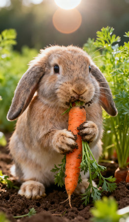 Rabbit with carrot in the garden on sunny day. Easter concept.の素材