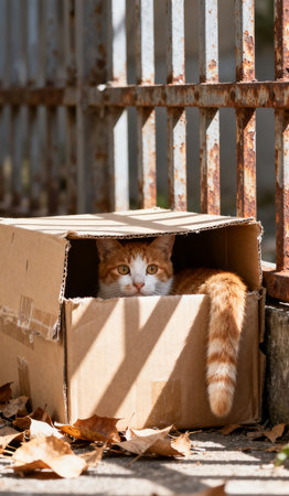 Cute ginger cat hiding in a cardboard box. Cat peeks out from behind the fence.の素材