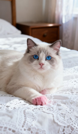 Beautiful cat with blue eyes on a white bed in the roomの素材