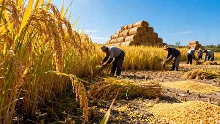 Harvesting rice in the rice field in Mae Hong Son, Thailandの素材