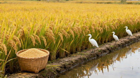 White egret in rice field with basket of rice in Thailand.の素材
