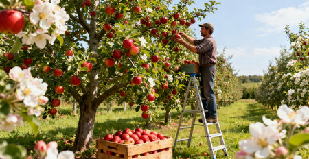 Farmer standing on ladder and picking ripe red apples in orchardの素材