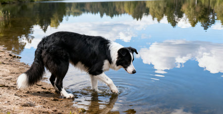 Portrait of border collie dog standing in water and looking at cameraの素材