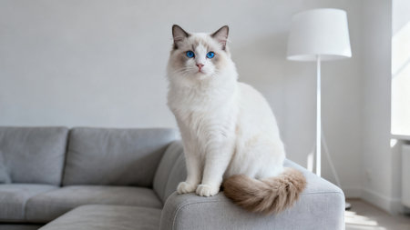 Beautiful cat with blue eyes sitting on sofa in living room at homeの素材