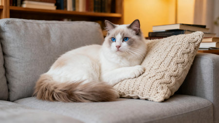 Beautiful cat with blue eyes lying on a sofa in the living roomの素材