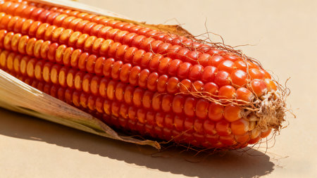 Ripe corn on the cob on a brown background. Close-upの素材