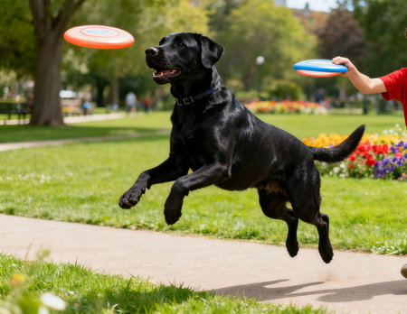 A black labrador retriever jumping with a disc in his mouthの素材