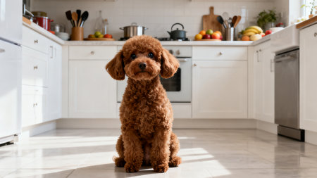 cute red poodle standing on the kitchen floor at home.の素材