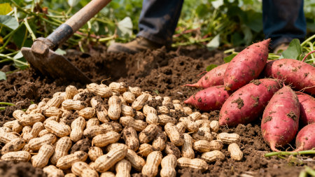 Farmer working in the vegetable garden with freshly dug up sweet potatoesの素材