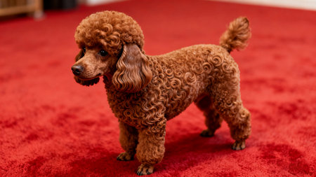 Cute red poodle standing on a red carpet at home.の素材