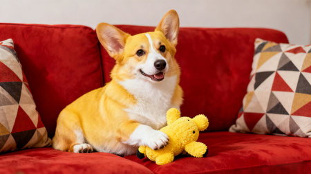Cute welsh corgi dog with toy on sofa at homeの素材